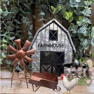 Farmhouse Mini Garden Windmill/Wheelbarrow Tool Set
